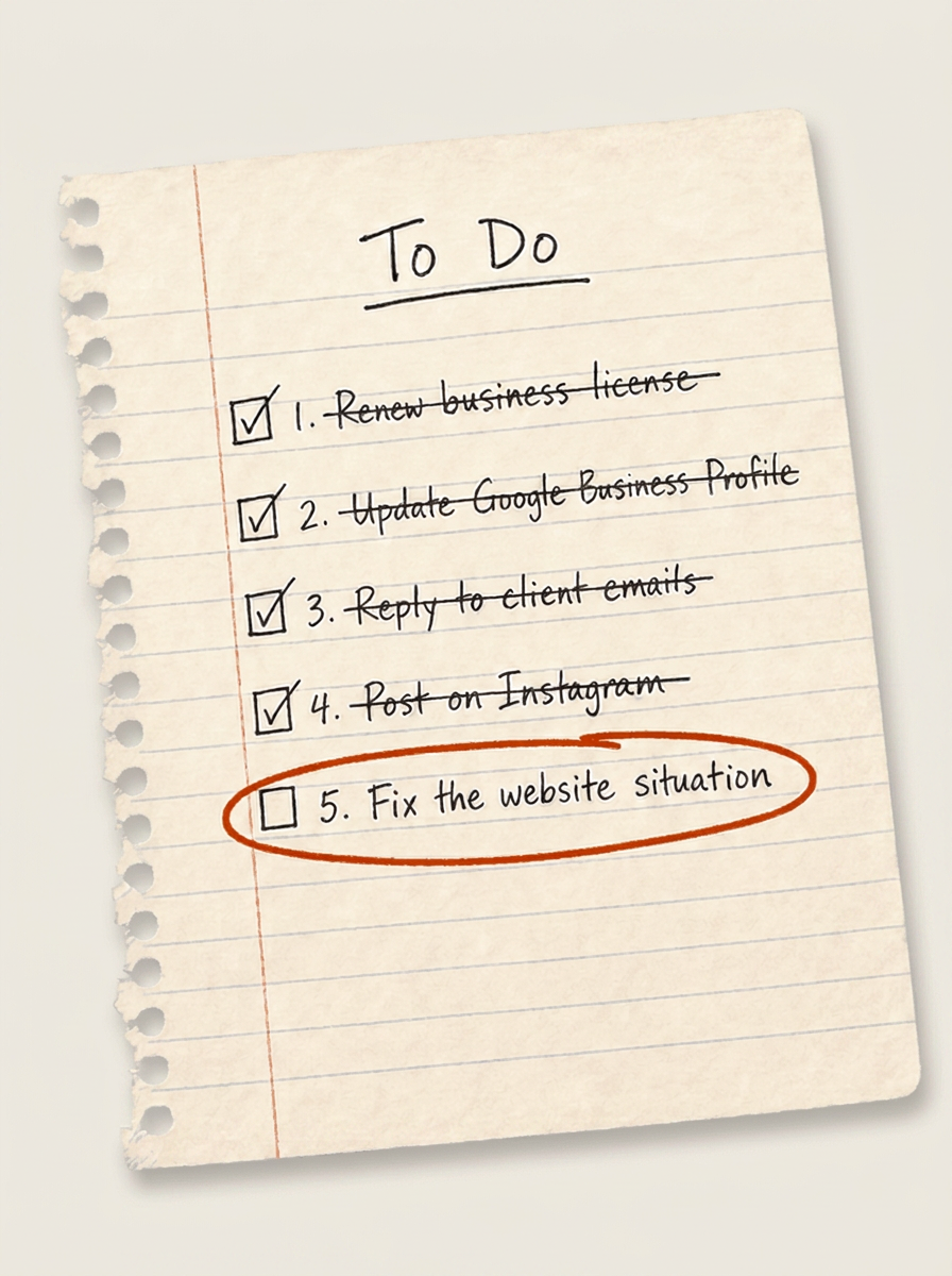 Handwritten to-do list with four items checked off and 'Fix the website situation' as the only unchecked task.